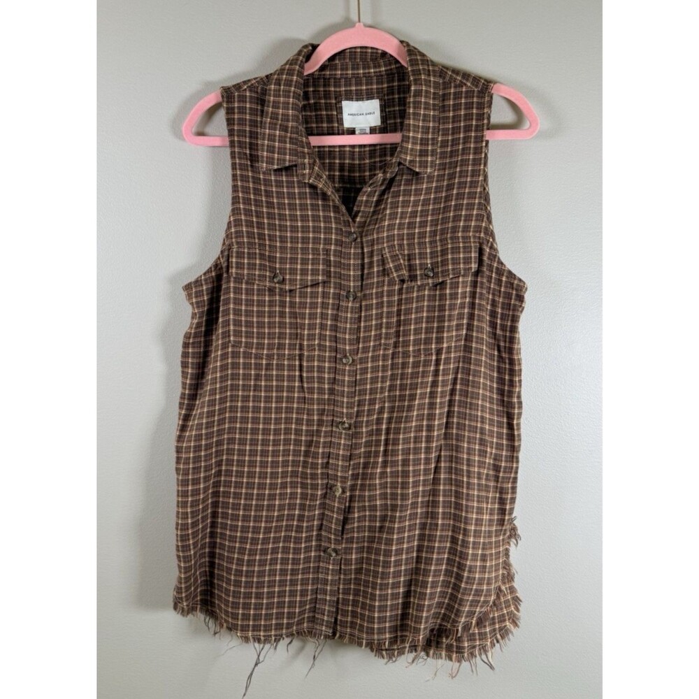 American Eagle Womens Brown Plaid Collared Sleeveless Button-Up Top - S
